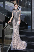 Cap Sleeves High Neck Sparkly Beads Floor-Length Mermaid Evening Party Gown