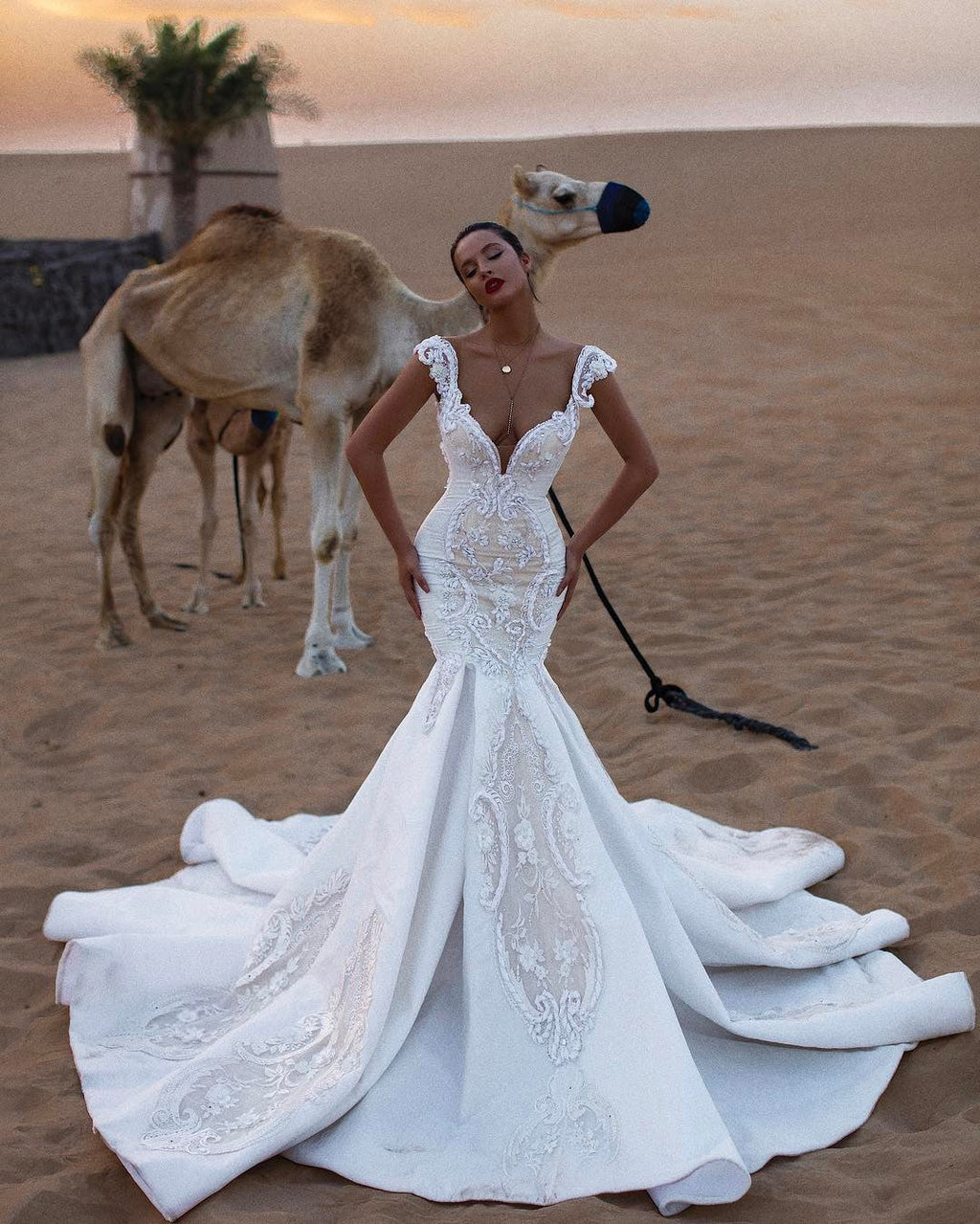Cap Sleeves Mermaid Lace Wedding Dress With V Neck And Sweep Train