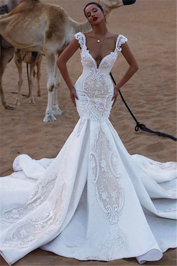 Cap Sleeves Mermaid Lace Wedding Dress With V Neck And Sweep Train