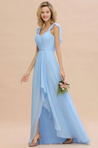 Cap Sleeves Ruffle Chiffon Hi-Lo Bridesmaid Dress A-line Wedding Party Dress
