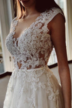 Cap Sleeves Tulle Wedding Dress Open Back With Appliques A Line Silhouette