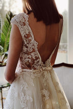 Cap Sleeves Tulle Wedding Dress Open Back With Appliques A Line Silhouette