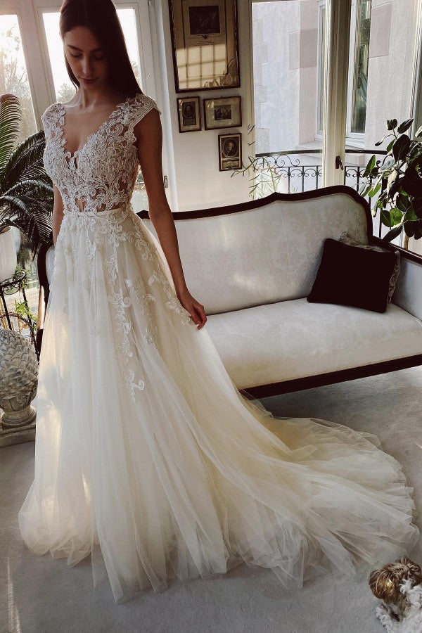 Cap Sleeves Tulle Wedding Dress Open Back With Appliques A Line Silhouette