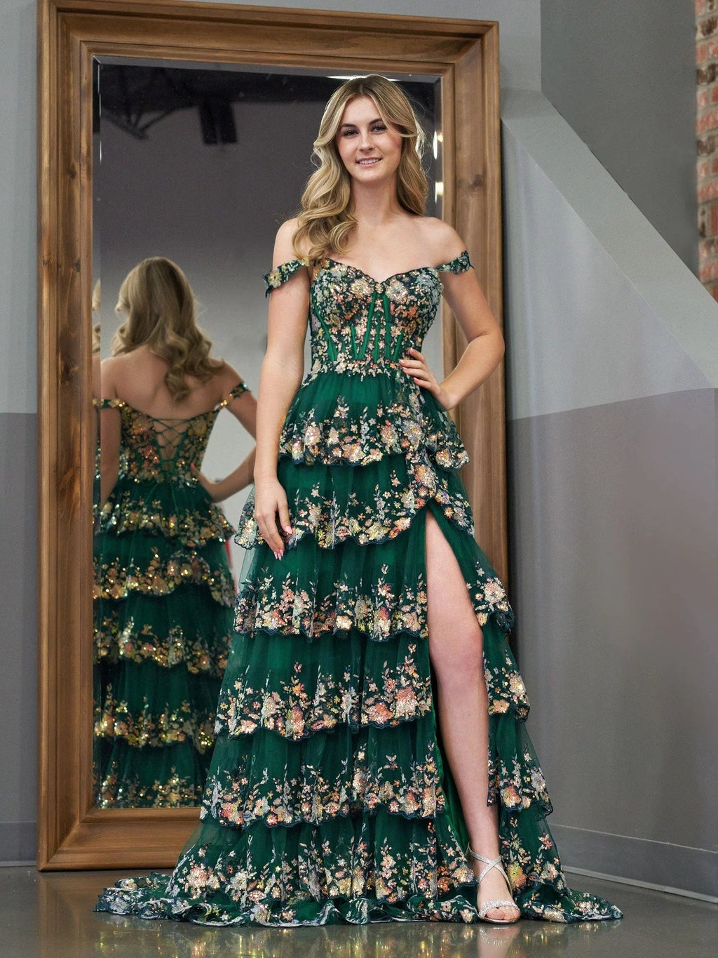 Capri | Green Crystal Sequins Princess A Line Off the Shoulder Prom Dress with Lace Ruffles