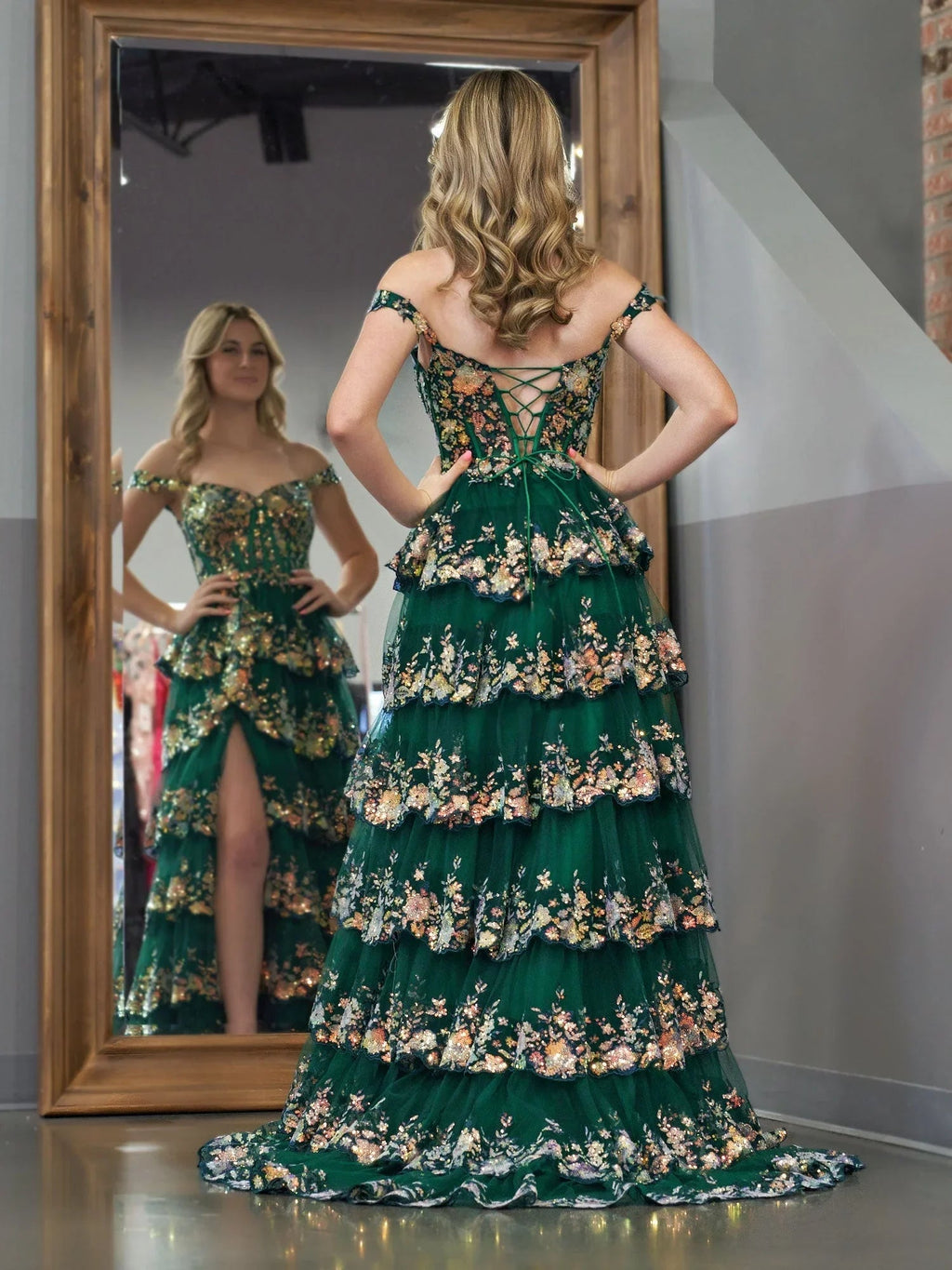 Capri | Green Crystal Sequins Princess A Line Off the Shoulder Prom Dress with Lace Ruffles