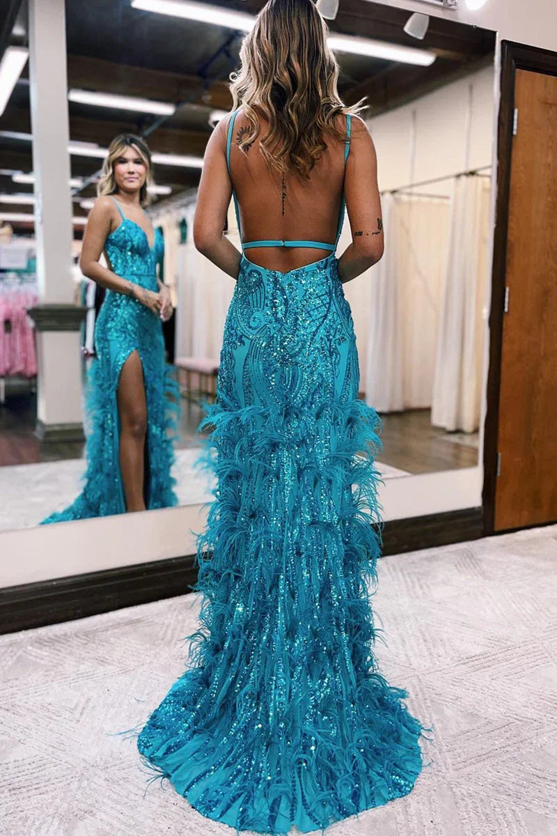 Sonia | Vestidos de fiesta sirena con escote en V, encaje de lentejuelas de jade y abertura
