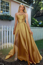 Strapless Sleeveless A Line Long Prom Dress Pleated Split