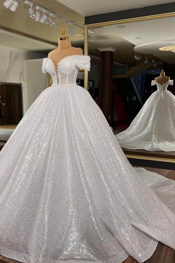 Romantic Off The Shoulder Long Ball Gown Wedding Dress With Sequins