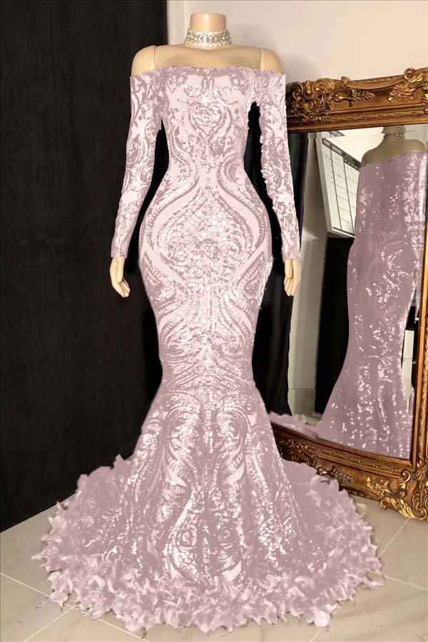 Custom Made Burgundy Sequin Mermaid Prom Dress With Long Sleeves And Feathers