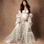 Robe de maternité Fairy Blossom Chiffion pour séance photo, manches bouffantes, imprimé floral, robe de photographie de maternité, vêtements de grossesse pour femmes