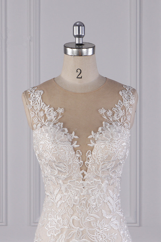BMbridal Jewel Tulle Lace Mermaid Wedding Dress With Appliques Sleeveless