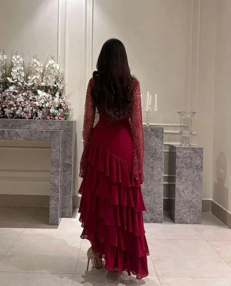 Vestido de fiesta para mujer con lentejuelas, vestido de noche burdeos de gasa con volantes Y7616