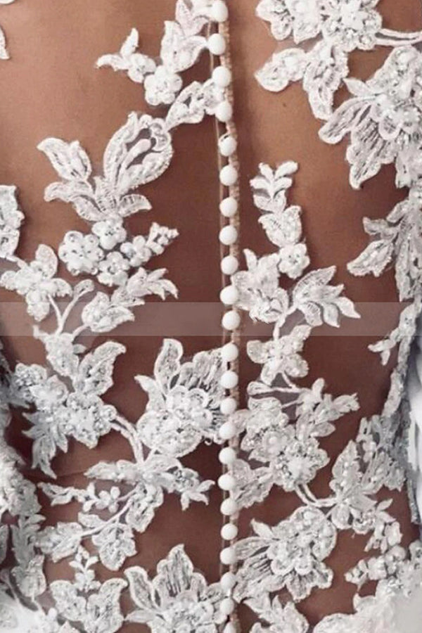 Stylish Illusion Lace Back Sheath Long Sleeves Wedding Dress With Appliques