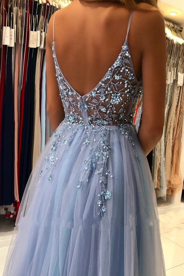 Blue Spaghetti Strap Prom Dress Tulle A Line Backless Floor Length Beads