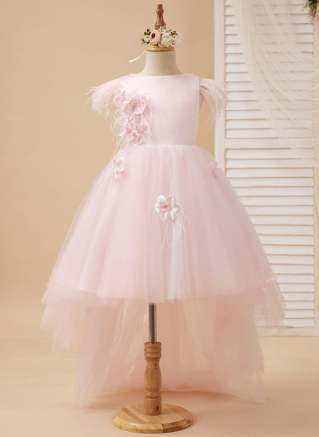 Princess Sleeveless Tulle Flower Girl Dress with Beading and Feather Bow (010224704)