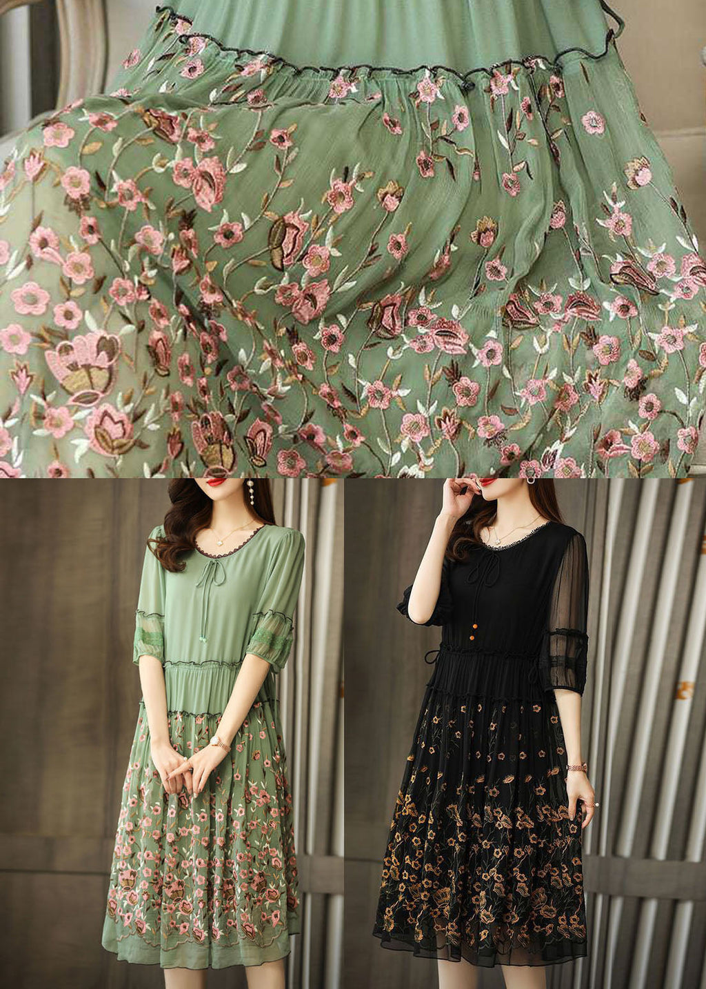 Vestido largo de gasa verde con volantes bordados de verano 