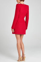 Vestido Mini com Tecido Tweed Feminino e Glamoroso, Aplicações de Pérolas, Manga com Fenda Longa e Bolsos