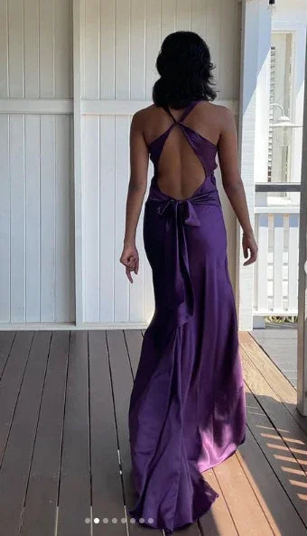 Vestido largo de fiesta morado con escote en V y espalda descubierta, vestido de noche para baile Y7520