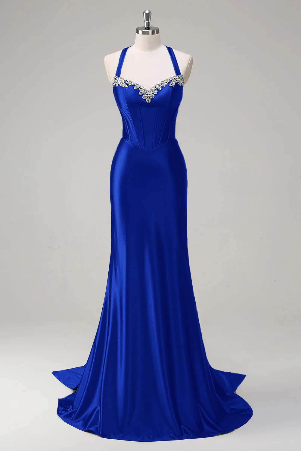 Halter Neck Sleeveless Long Mermaid Prom Dress With Beading Pleated