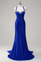Halter Neck Sleeveless Long Mermaid Prom Dress With Beading Pleated
