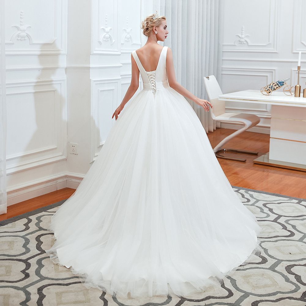 Charming V Neck Wide Straps Deep Floor Length A Line Tulle Wedding Dress
