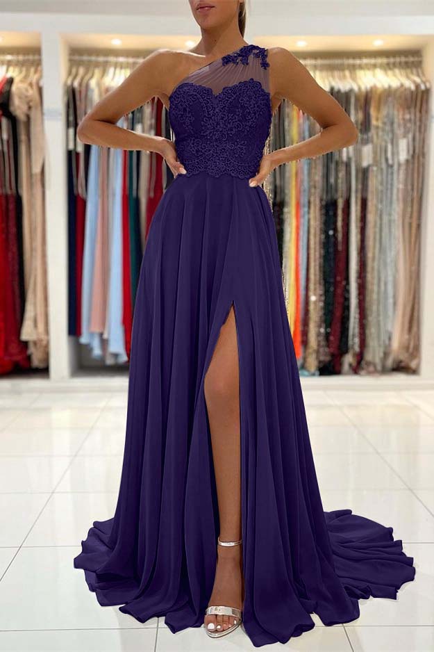 Custom One Shoulder Prom Dress With Lace Appliques And Front Split