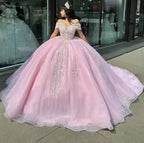 Vestido de Quinze Anos Cor-de-Rosa com Aplicações e Contas, Modelo de Baile com Ombros Descobertos, Princesa Doce 16, Vestido de Quinze Anos Y7464