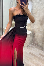 Vestido largo con abertura y cinturón, con estampado degradado y plumas, Wild Elegance 