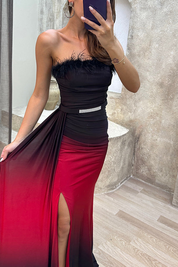 Vestido largo con abertura y cinturón, con estampado degradado y plumas, Wild Elegance 