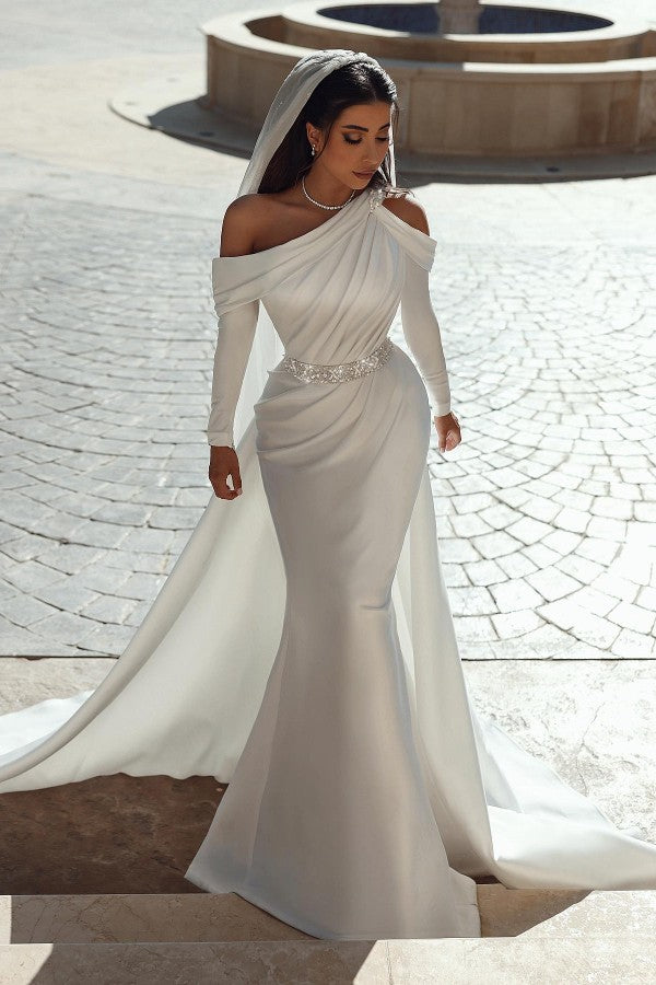 One Shoulder Mermaid Satin Wedding Dress With Overskirt And Backless