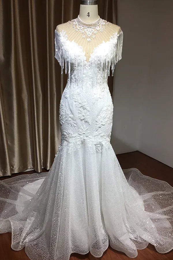Shimmy High Neck Mermaid Wedding Dress With Beading And Tassels