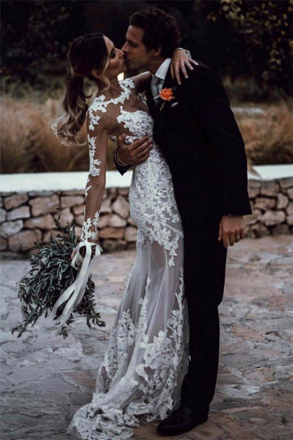 Mermaid Lace Long Sleeves Wedding Dress Elegant Bridal Gown