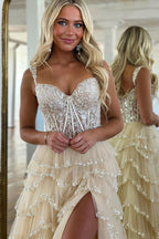 A-Line Sweetheart Champagne Tulle Prom Dresses with Appliques