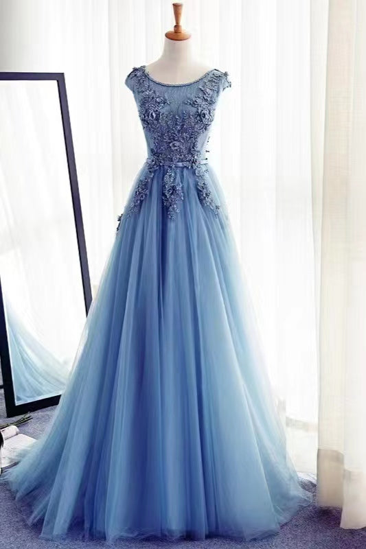 Vestido de Baile Deslumbrante Longo em Linha A com Decote em Joia, Sem Mangas, em Renda e Tule
