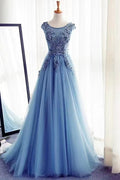 Vestido de Baile Deslumbrante Longo em Linha A com Decote em Joia, Sem Mangas, em Renda e Tule