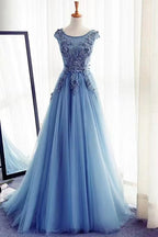 Vestido de Baile Deslumbrante Longo em Linha A com Decote em Joia, Sem Mangas, em Renda e Tule