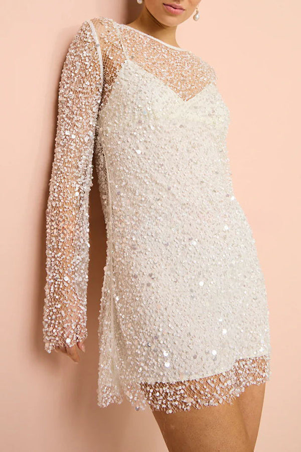 Robe courte en tissu à paillettes et perles scintillantes avec jupon séparé