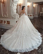 Amazing Bateau Long Sleeve Beading Train Wedding Dress With A Line Lace