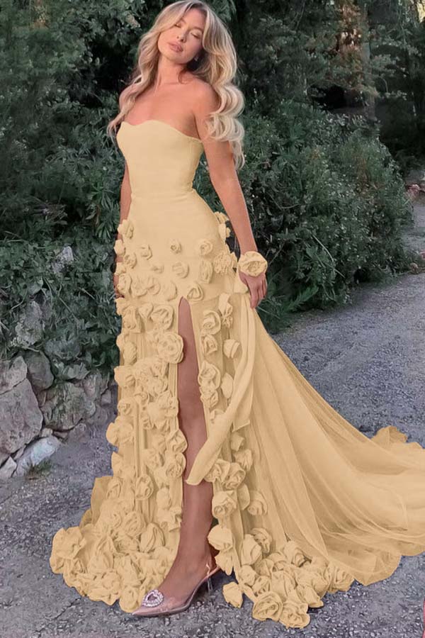 Strapless Long Mermaid Prom Dress With Split Appliques Custom Colors And Sizes