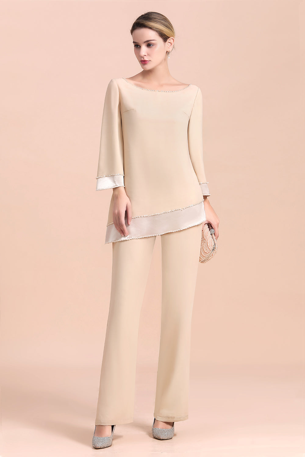 BMbridal Chic Round-Neck Champagne Chiffon Mother of Bride Jumpsuit Online