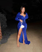 Robe de soirée bleu royal brillante à sequins, robe de cérémonie, robe de remise de diplômes Y1868