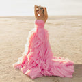 Vestidos Elegantes de Festa com Folhos em Pétalas Cor-de-Rosa Vestido Longo Sem Alças para Noivas Fotografia Vestido de Praia Boémio Vestidos de Grávida para Sessão Fotográfica