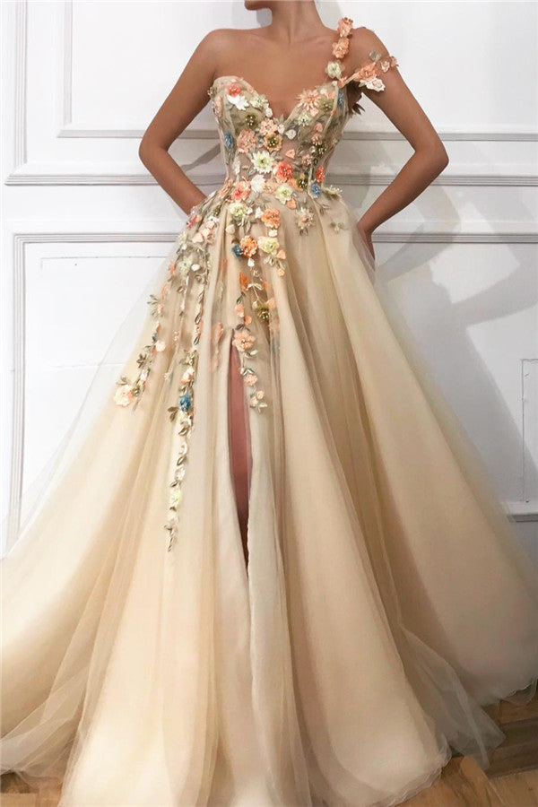 Bmbridal One Shoulder Long Prom Dress Split With Flowers