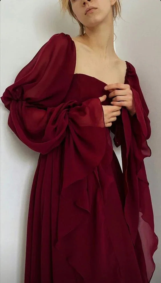 Vestido de Baile Vintage Romântico em Linha A Borgonha Vestido de Noite Y7583