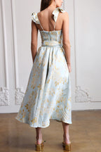 Baroque Floral Sweetest Ruffle Back Smocked Corset Midi Dress