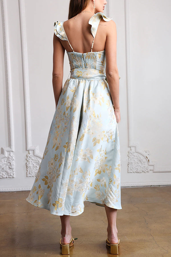 Baroque Floral Sweetest Ruffle Back Smocked Corset Midi Dress