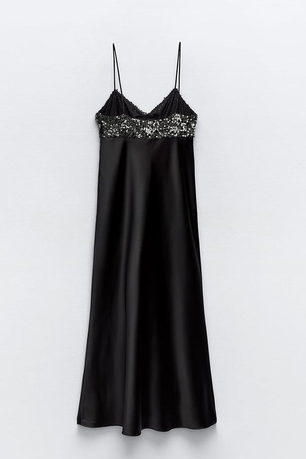 Abito Midi in Satin Trapuntato con Paillettes e Scollo a Fascia Elasticizzato