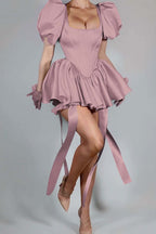 Bubble Sleeves Square Neck Short Prom Dress With Ruffles Pleated