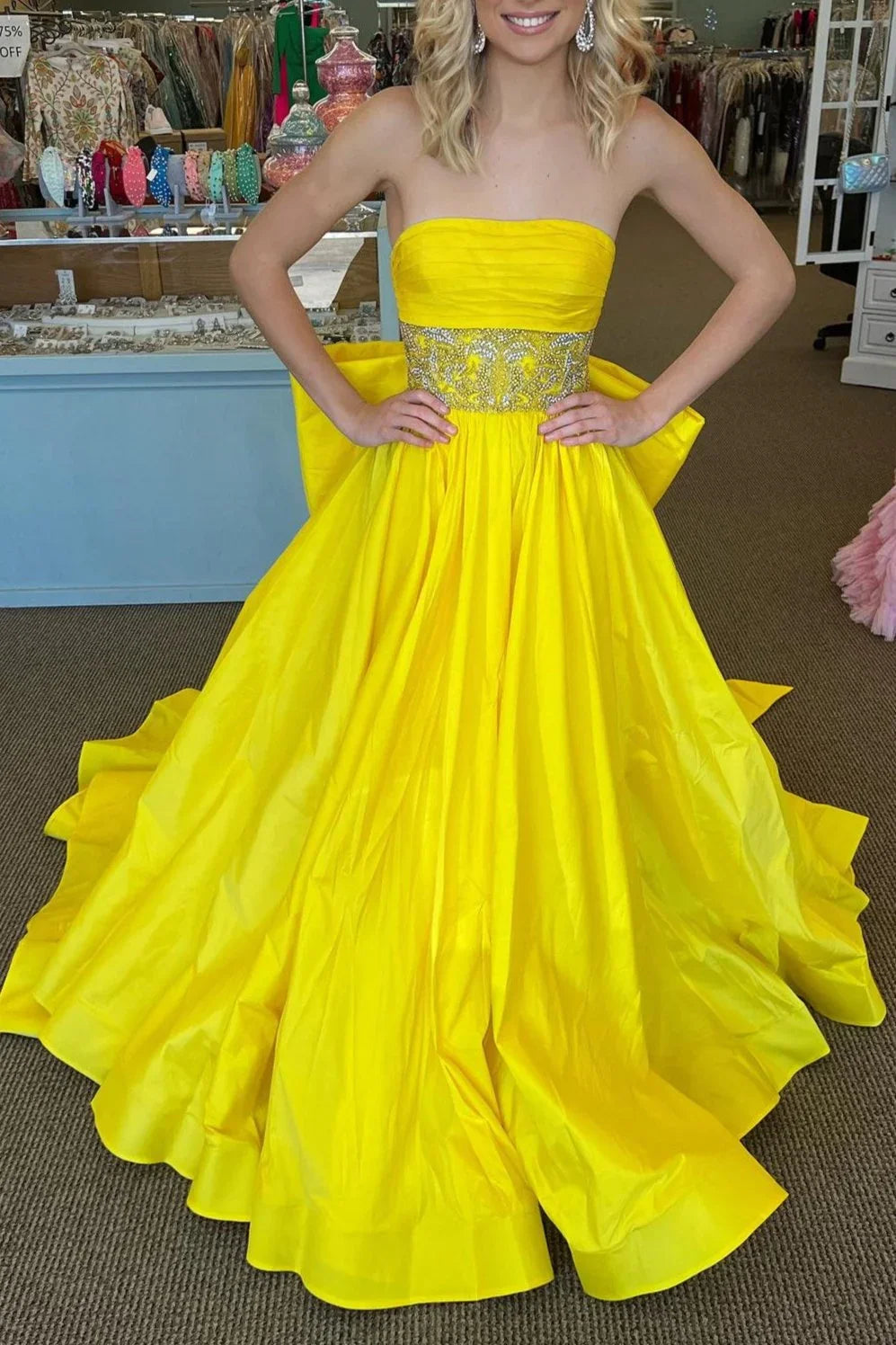 Chad | Yellow Strapless Beaded Waist Bow Back Long Gown