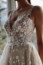 Champagne A-line Floor Length Straps V-neck Wedding Dress